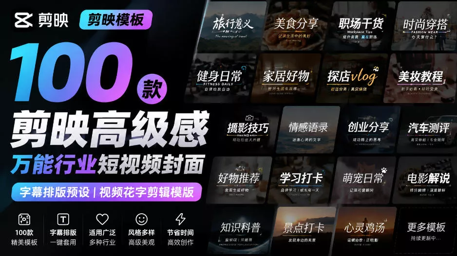 【剪映模板】100款剪映高级感万能行业短视频封面字幕排版预设视频花字剪辑模版