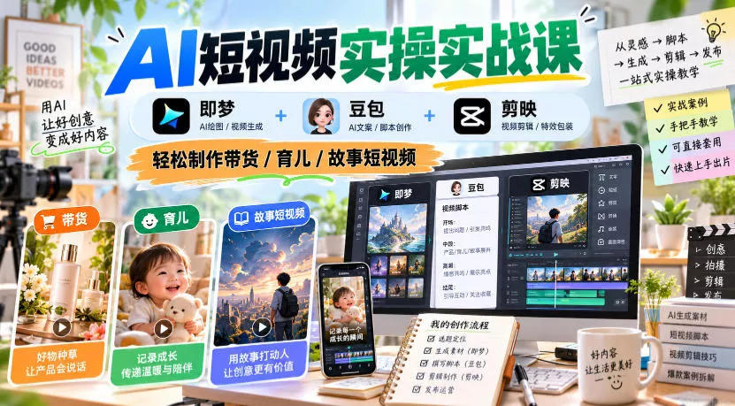 AI短视频实操实战课，即梦+豆包+剪映，轻松制作带货/育儿/故事短视频-2爱1学习资源网-伴学无忧