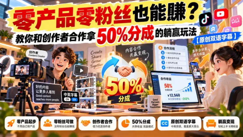 【无水印】零产品零粉丝也能賺?教你和创作者合作拿50%分成的躺赢玩法【原创双语字幕】-2爱1学习资源网-伴学无忧