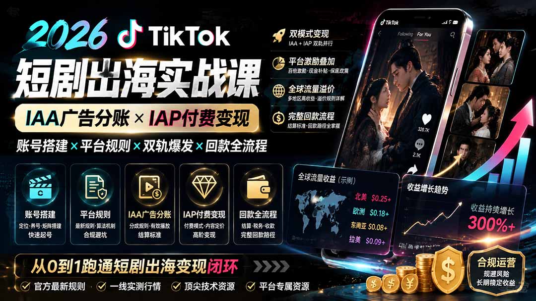 2026TikTok短剧出海实战课：IAA广告分账×IAP付费变现×账号搭建×平台规则×双轨爆发×回款全流程-2爱1学习资源网-伴学无忧
