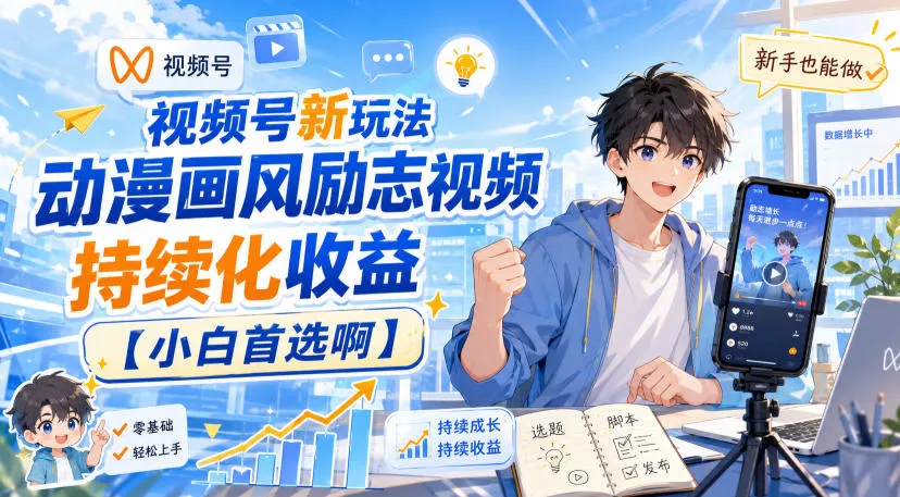 视频号新玩法动漫画风励志视频，持续化收益【小白首选啊】-2爱1学习资源网-伴学无忧