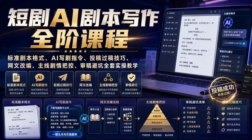 短剧AI剧本写作全阶课程｜标准剧本格式、AI写剧指令、投稿过稿技巧、网文改编、主线剧情把控、审稿避坑全套实操教学-2爱1学习资源网-伴学无忧