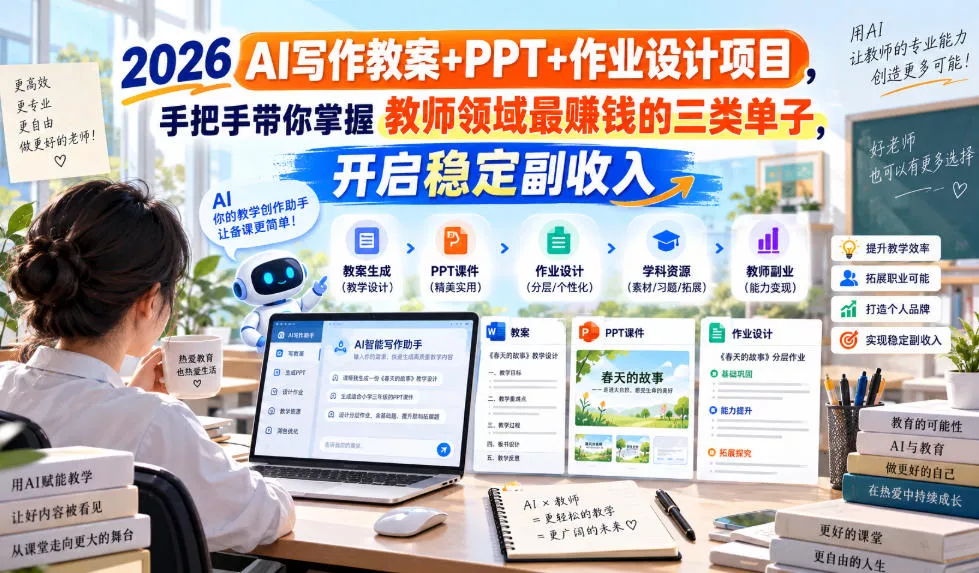 2026 AI写作教案+PPT+作业设计项目，手把手带你掌握教师领域最賺钱的三类单子，开启稳定副收入-2爱1学习资源网-伴学无忧