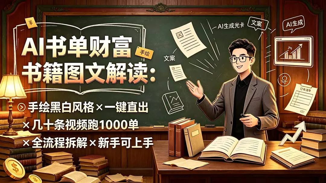 AI书单财富书籍图文解读:手绘黑白风格×一键直出×几十条视频跑1000单×全流程拆解×新手可上手 AI书单财富书籍图文解读:手绘黑白风格×一键直出×几十条视频跑1000单×全流程拆解×新手可上手