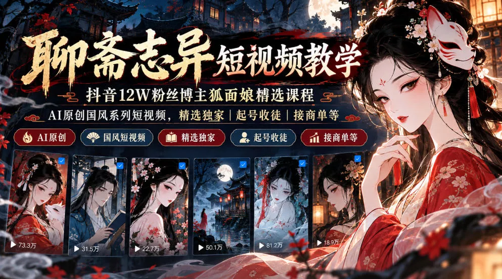 聊斋志异短视频教学，抖音12W粉丝博主狐面娘精选课程，AI原创国风系列短视频，精选独家丨起号收徒丨接商单等-2爱1学习资源网-伴学无忧