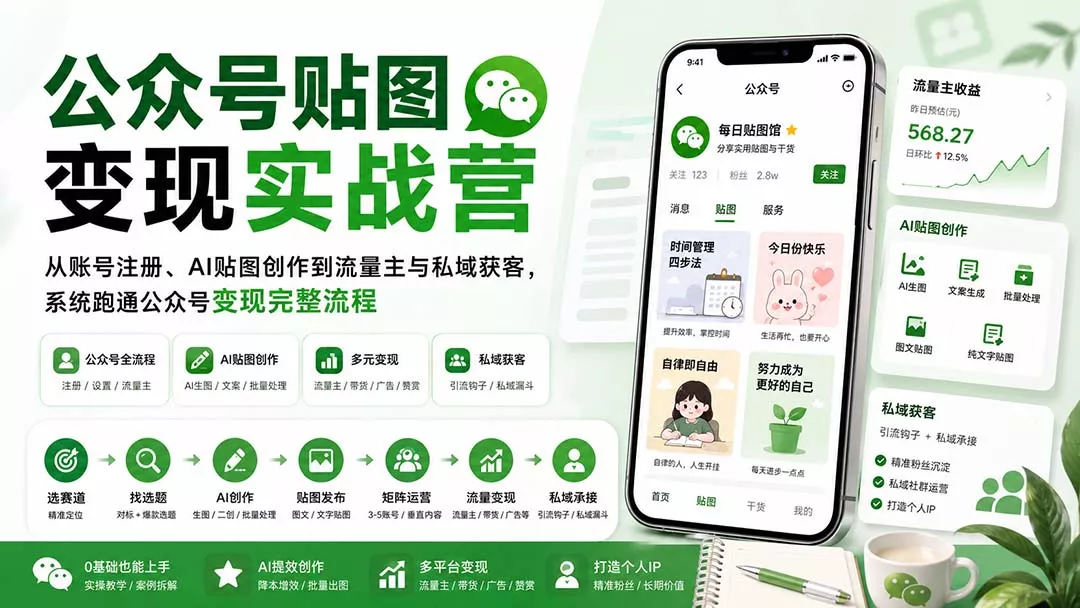 公众号贴图变现实战营：从账号注册、AI贴图创作到流量主与私域获客，系统跑通公众号变现完整流程-2爱1学习资源网-伴学无忧