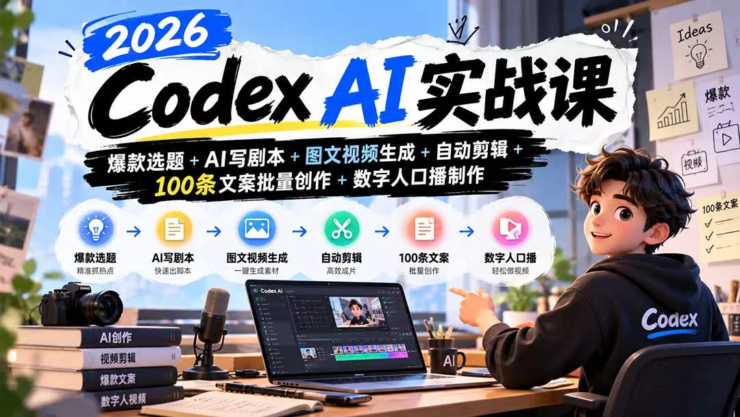 2026Codex AI实战课：爆款选题+AI写剧本+图文视频生成+自动剪辑+100条文案批量创作+数字人口播制作-2爱1学习资源网-伴学无忧