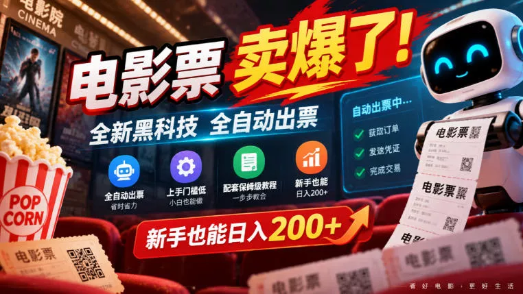电影票卖爆了,全新黑科技全自动出票,上手门槛低,配套保姆级教程,新手也能日入200+【揭秘】-2爱1学习资源网-伴学无忧