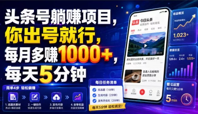 头条号躺賺项目，你出号就行，每月多賺1000+，每天5分钟，坐等分米【揭秘】-2爱1学习资源网-伴学无忧