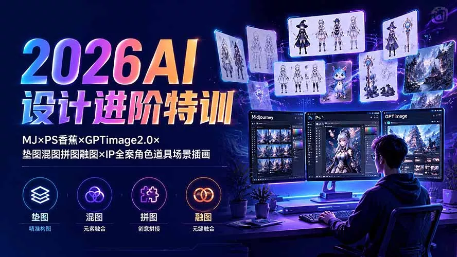 2026AI设计进阶特训：MJ×PS香蕉×GPTimage2.0×垫图混图拼图融图×IP全案角色道具场景插画-2爱1学习资源网-伴学无忧