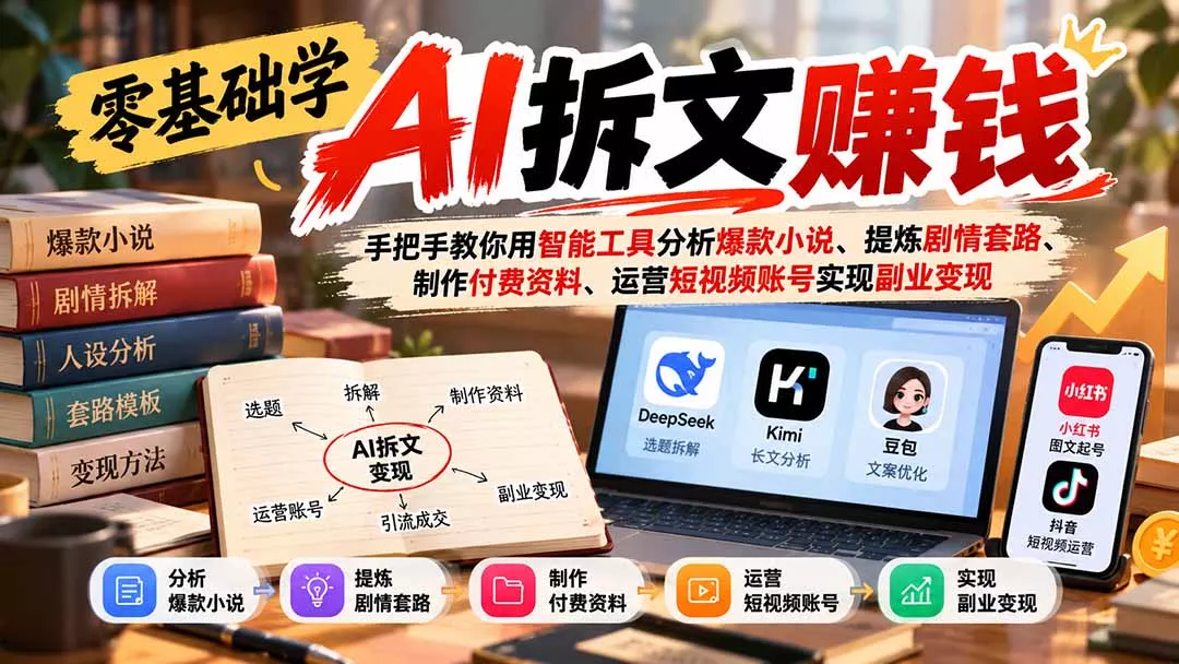 零基础学AI拆文赚钱：手把手教你用智能工具分析爆款小说、提炼剧情套路、制作付费资料、运营短视频账号实现副业变现-2爱1学习资源网-伴学无忧