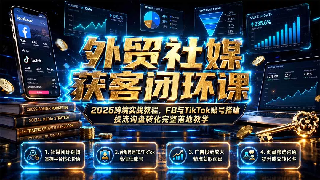 外贸社媒获客闭环课|2026跨境实战教程,FB与TikTok账号搭建投流询盘转化完整落地教学 外贸社媒获客闭环课|2026跨境实战教程,FB与TikTok账号搭建投流询盘转化完整落地教学