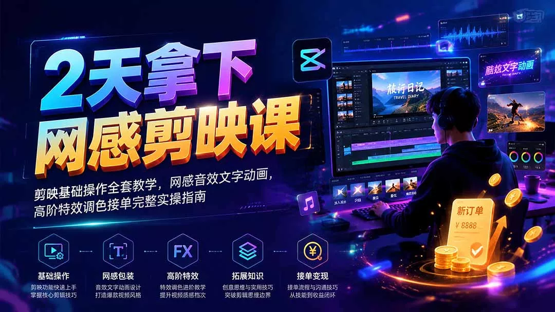 2天拿下网感剪辑课｜剪映基础操作全套教学，网感音效文字动画，高阶特效调色接单完整实操指南-2爱1学习资源网-伴学无忧
