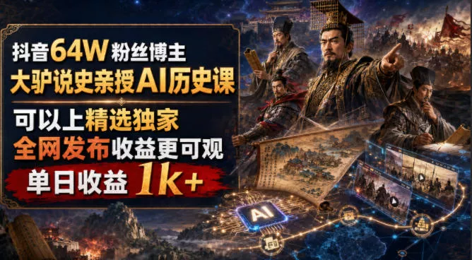 抖音64W粉丝博主大驴说史亲授AI历史课，可以上精选独家，全网发布收益更可观，单日收益1k+(更新)