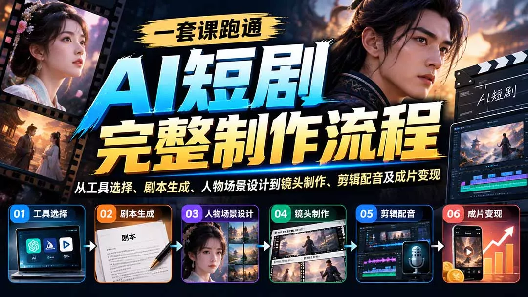 一套课跑通AI短剧完整制作流程：从工具选择、剧本生成、人物场景设计到镜头制作、剪辑配音及成片变现-2爱1学习资源网-伴学无忧