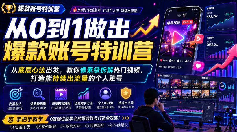 从0到1做出爆款账号特训营，从底层心法出发，教你像素级拆解热门视频，打造能持续出流量的个人账号-2爱1学习资源网-伴学无忧