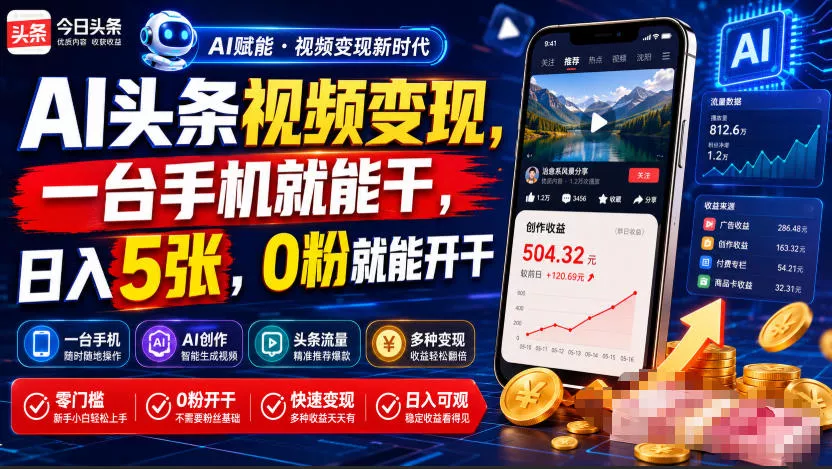AI头条视频变现，一台手机就能干，日入5张，0粉就能开干-2爱1学习资源网-伴学无忧