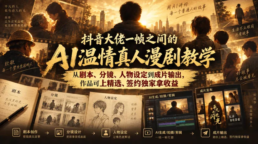 抖音大佬一帧之间的AI温情真人漫剧教学，从剧本、分镜、人物设定到成片输出，作品可上精选、签约独家拿收益-2爱1学习资源网-伴学无忧