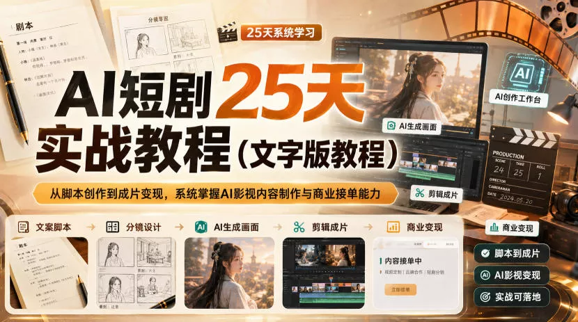 AI短剧25天实战教程(文字版教程),从脚本创作到成片变现,系统掌握AI影视内容制作与商业接单能力-2爱1学习资源网-伴学无忧