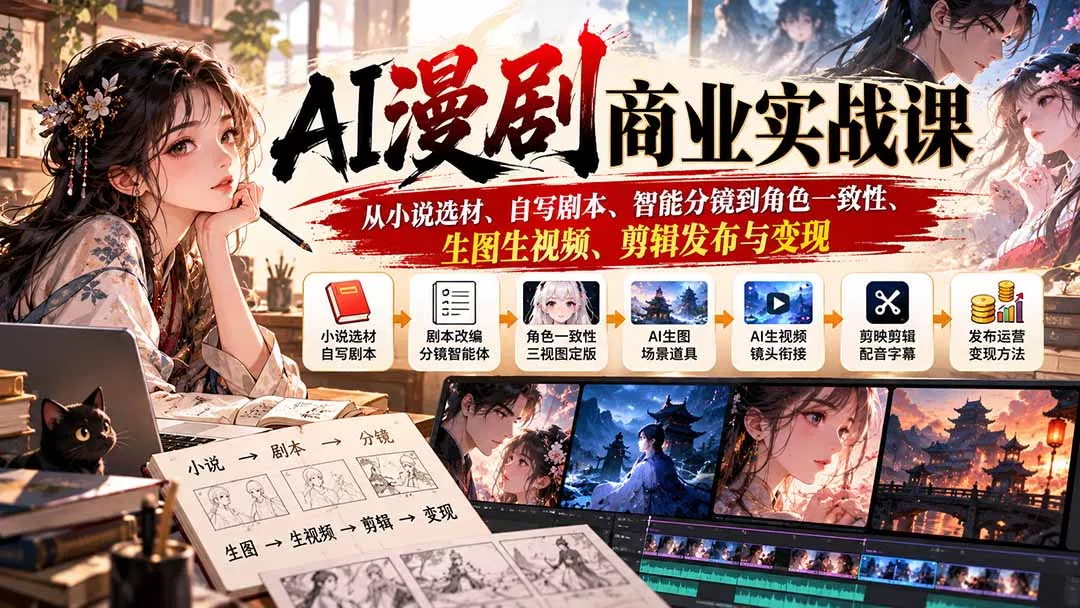 AI漫剧商业实战课：从小说选材、自写剧本、智能分镜到角色一致性、生图生视频、剪辑发布与变现-2爱1学习资源网-伴学无忧