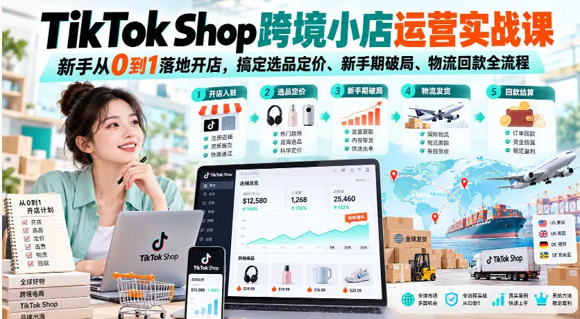 TikTok Shop跨境小店运营实战课,新手从0到1落地开店,搞定选品定价、新手期破局、物流回款全流程-2爱1学习资源网-伴学无忧