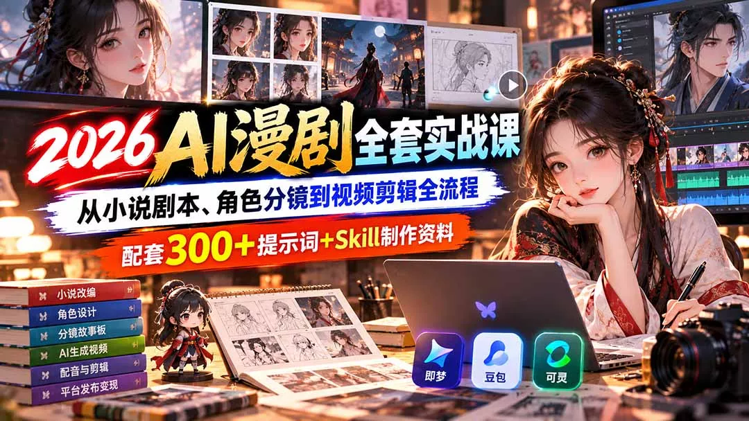【无水印】2026AI漫剧全套实战课：从小说剧本、角色分镜到视频剪辑全流程，配套300+提示词+Skill制作资料-2爱1学习资源网-伴学无忧