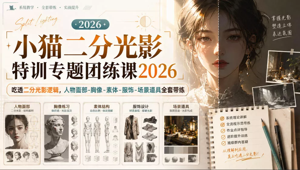 小猫二分光影特训专题团练课2026｜吃透二分光影逻辑，人物面部‑胸像‑素体‑服饰‑场景道具全套带练，高清画质附赠课件与笔刷-2爱1学习资源网-伴学无忧