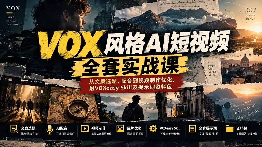 【无水印】VOX风格AI短视频全套实战课：从文案选题、配音到视频制作优化，附VOXeasy Skill及提示词资料包-2爱1学习资源网-伴学无忧