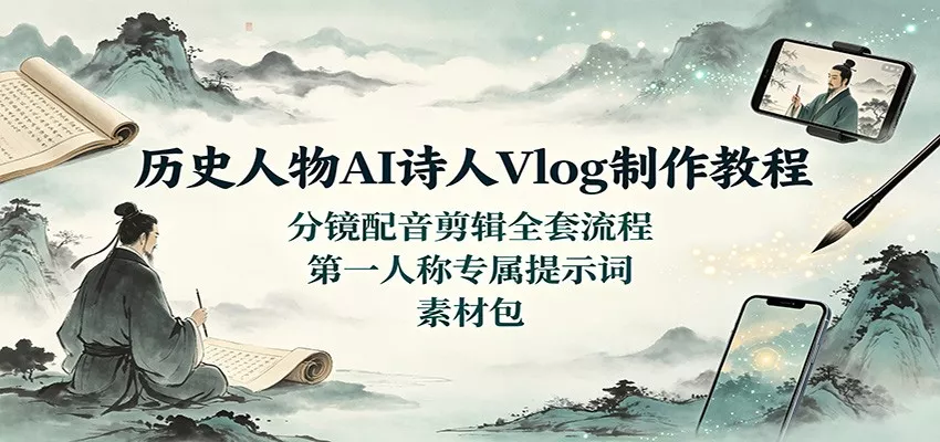 历史人物AI诗人Vlog制作教程：分镜配音剪辑全套流程，第一人称专属提示词素材包-2爱1学习资源网-伴学无忧