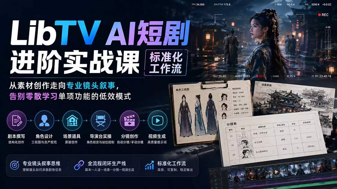 LibTV AI短剧进阶实操课标准化工作流；从素材创作走向专业镜头叙事，告别零散学习单项功能的低效模式-2爱1学习资源网-伴学无忧