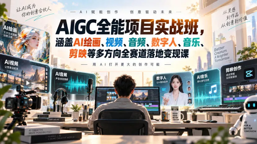 AIGC全能项目实战班,涵盖AI绘画、视频、音频、数字人、音乐、剪映等多方向全赛道落地变现课-2爱1学习资源网-伴学无忧