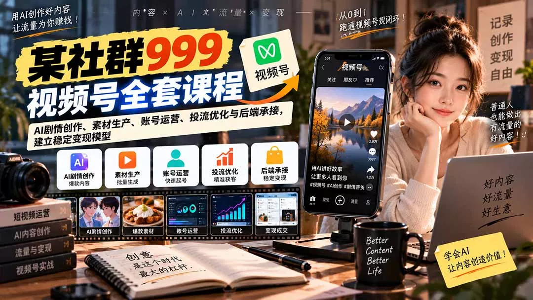 【无水印】某社群999视频号全套课程：AI剧情创作、素材生产、账号运营、投流优化与后端承接，建立稳定变现模型-2爱1学习资源网-伴学无忧