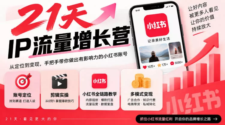 21天IP流量增长营,小红书全链路教学,账号定位剪辑实操,多模式变现系统课-2爱1学习资源网-伴学无忧