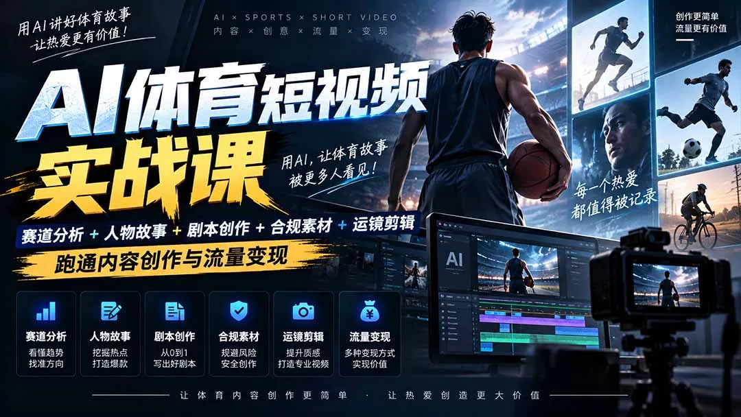 AI体育短视频赛道顶级玩法｜赛道分析+人物故事+剧本创作+版权处理+运镜剪辑，跑通流量变现-日赚1K+-2爱1学习资源网-伴学无忧
