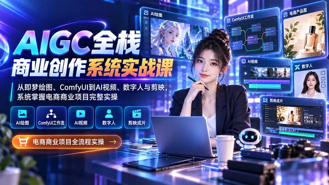 AIGC全栈商业创作系统实战课:从即梦绘图、ComfyUI到AI视频、数字人与剪映,系统掌握电商商业项目完整实操-2爱1学习资源网-伴学无忧