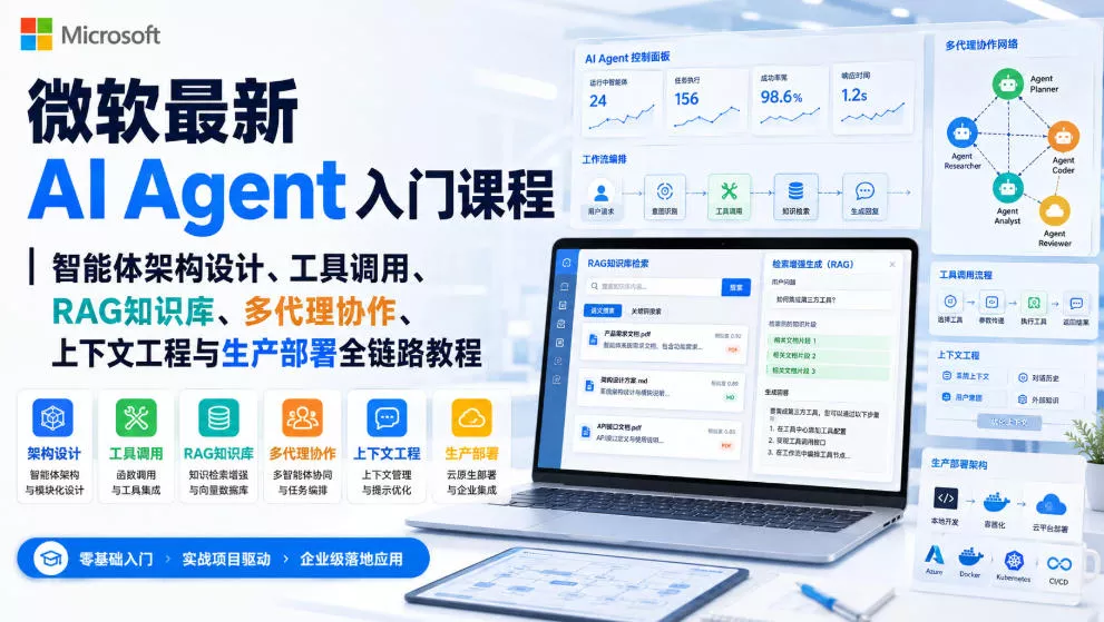 微软最新AI Agent入门课程｜智能体架构设计、工具调用、RAG知识库、多代理协作、上下文工程与生产部署全链路教程【英文】-2爱1学习资源网-伴学无忧