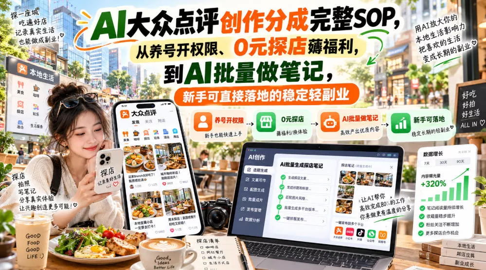 【无水印】AI大众点评创作分成完整SOP,从养号开权限、0元探店薅福利,到AI批量做笔记,新手可直接落地的稳定轻副业-2爱1学习资源网-伴学无忧