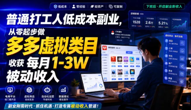 普通打工人低成本副业，从零起步做多多虚拟类目，收获每月1-3W被动收入【揭秘】-2爱1学习资源网-伴学无忧