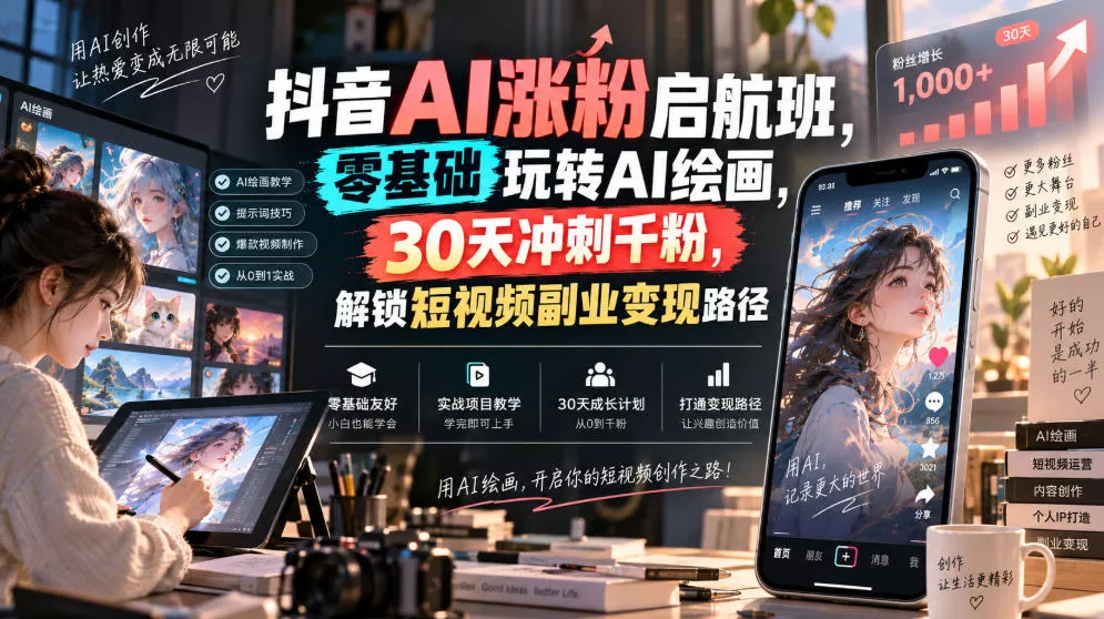 抖音AI涨粉启航班,零基础玩转AI绘画,30天冲刺千粉,解锁短视频副业变现路径-2爱1学习资源网-伴学无忧