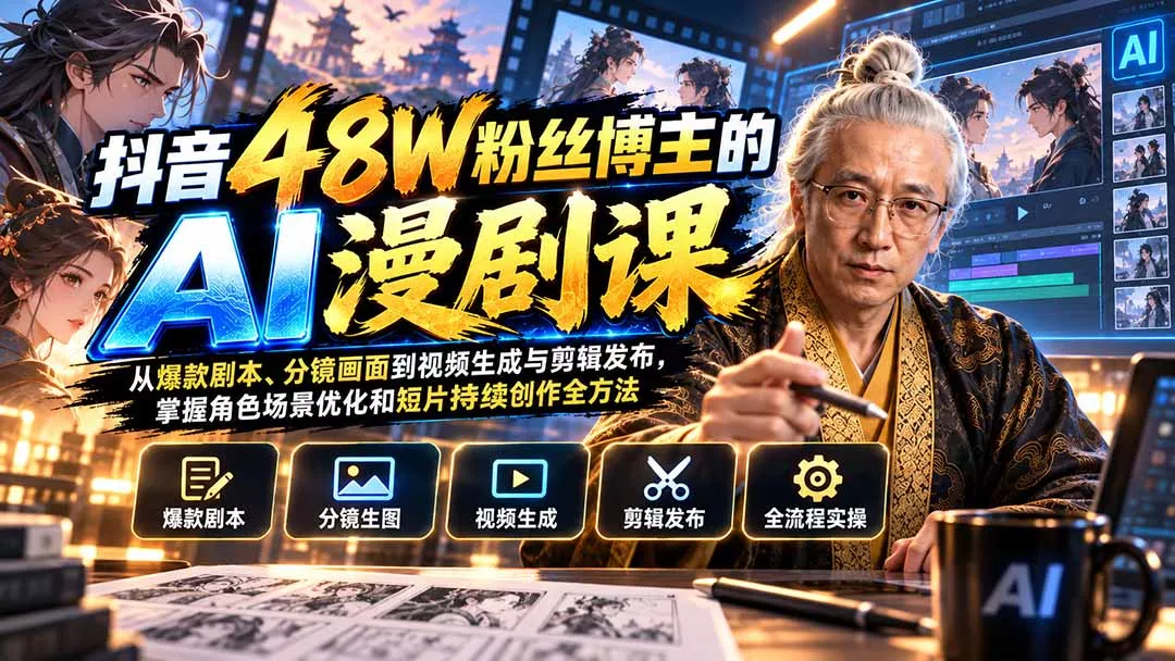 抖音48W粉丝博主的AI漫剧课:从爆款剧本、分镜画面到视频生成与剪辑发布,掌握角色场景优化和短片持续创作全方法 抖音48W粉丝博主的AI漫剧课:从爆款剧本、分镜画面到视频生成与剪辑发布,掌握角色场景优化和短片持续创作全方法
