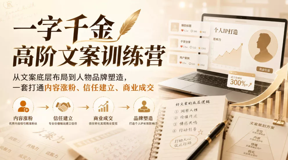 一字千金高阶文案训练营，从文案底层布局到人物品牌塑造，一套打通内容涨粉、信任建立、商业成交-2爱1学习资源网-伴学无忧