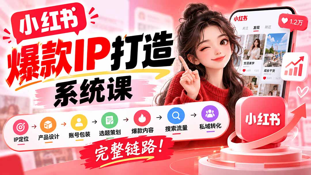 【无水印】小红书爆款IP打造课：IP定位→产品设计→账号包装→选题策划→爆款内容→搜索流量→私域转化，完整链路-2爱1学习资源网-伴学无忧