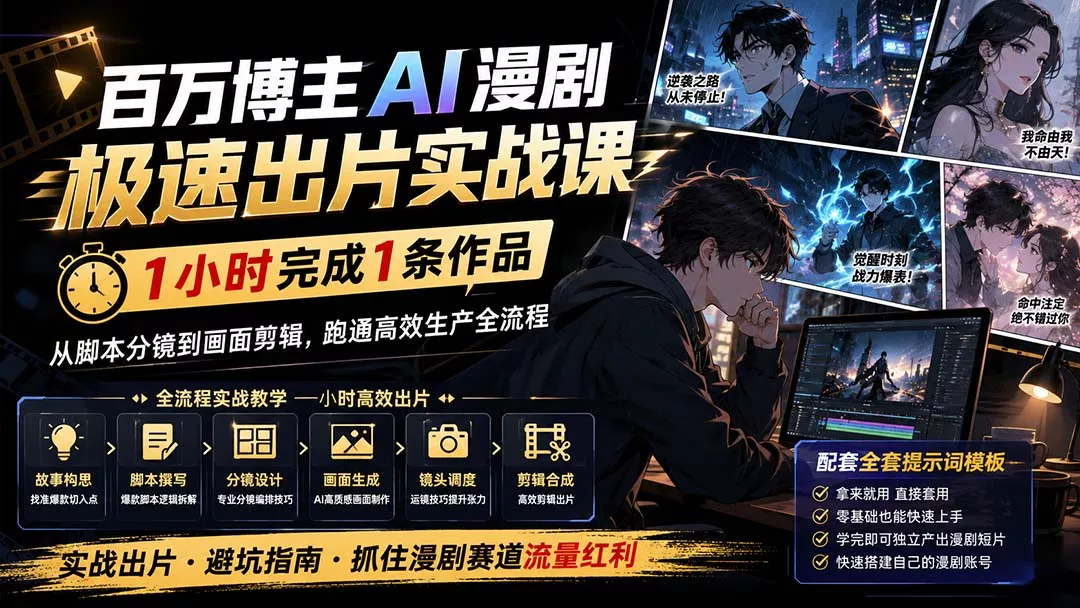 百万博主AI漫剧极速出片实战课:1小时产出条作品,从脚本分镜到画面剪辑,跑通高效生产全流程-2爱1学习资源网-伴学无忧
