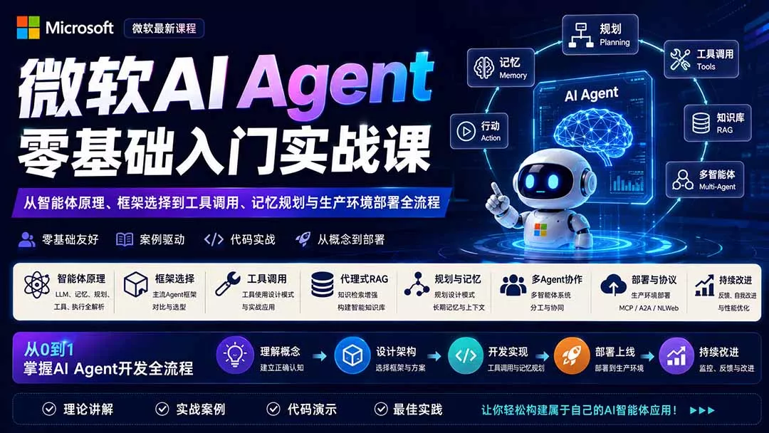 微软AI Agent零基础入门实战课：从智能体原理、框架选择到工具调用、记忆规划与生产环境部署全流程-2爱1学习资源网-伴学无忧