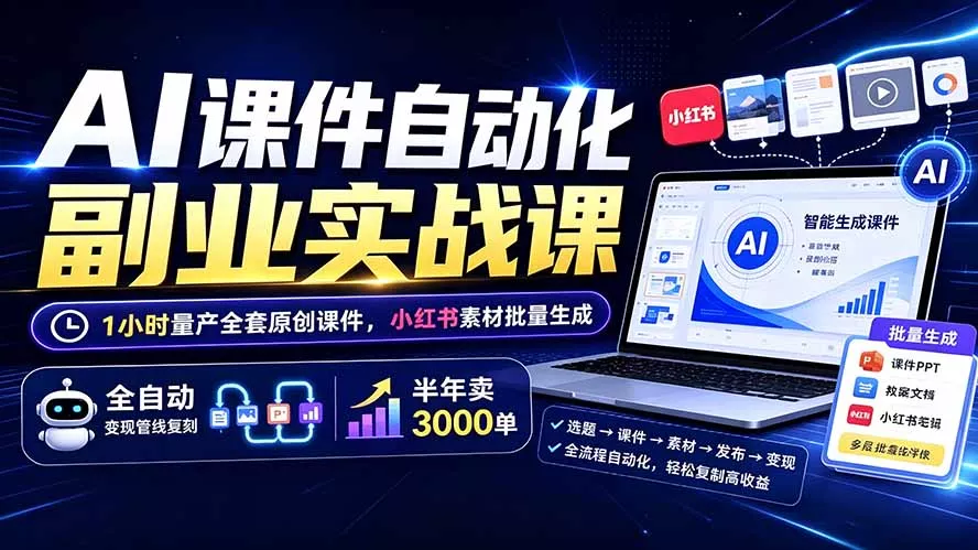 AI课件自动化副业实战课:1小时量产全套原创课件×小红书素材批量生成×全自动变现管线×半年卖3000单 AI课件自动化副业实战课:1小时量产全套原创课件×小红书素材批量生成×全自动变现管线×半年卖3000单