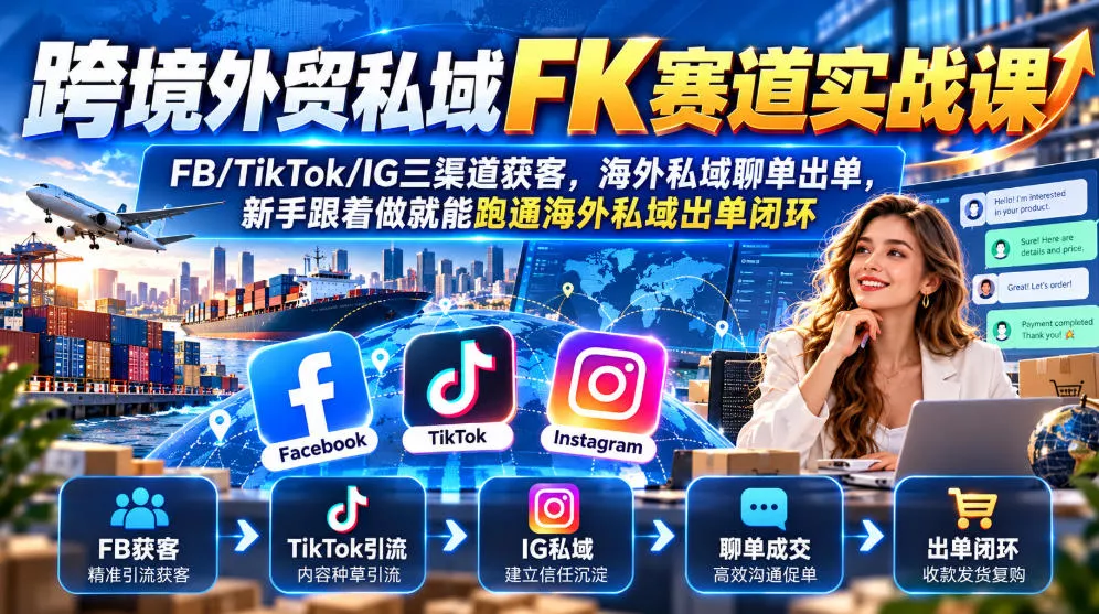 跨境外贸私域FK赛道实战课｜FB/TikTok/IG三渠道获客，海外私域聊单出单，新手跟着做就能跑通海外私域出单闭环-2爱1学习资源网-伴学无忧