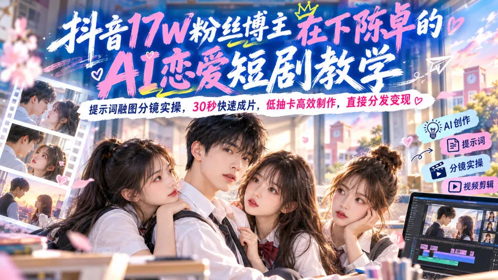 抖音17W粉丝博主在下陈卓的AI恋爱短剧教学，提示词融图分镜实操，30秒快速成片，低抽卡高效制作，直接分发变现-2爱1学习资源网-伴学无忧
