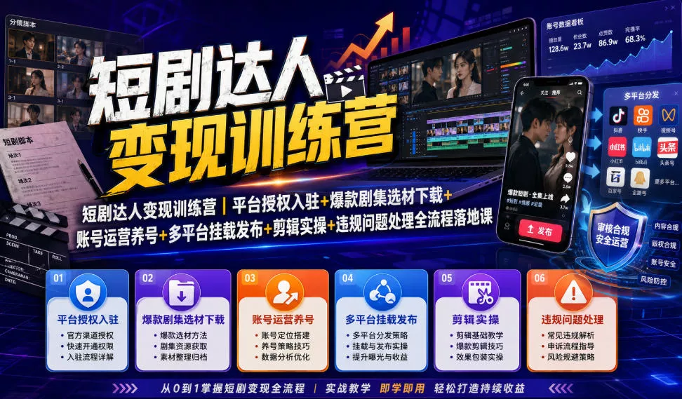 短剧达人变现训练营｜平台授权入驻+爆款剧集选材下载+账号运营养号+多平台挂载发布+剪辑实操+违规问题处理全流程落地课-2爱1学习资源网-伴学无忧