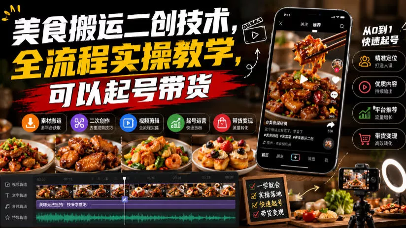 美食搬运二创技术，全流程实操教学，可以起号带货-2爱1学习资源网-伴学无忧