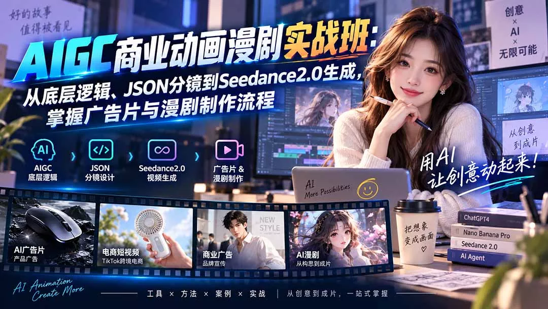 AIGC商业动画漫剧实战班-更新：从底层逻辑、JSON分镜到Seedance2.0生成，掌握广告片与漫剧制作流程-2爱1学习资源网-伴学无忧